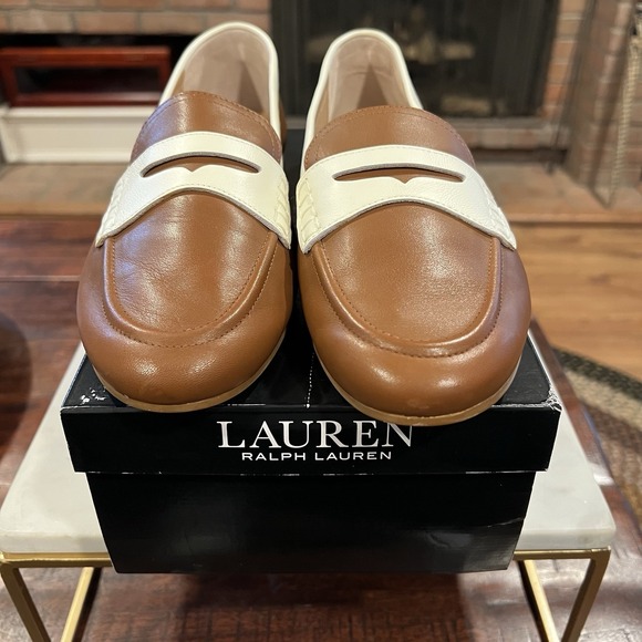 Ralph Lauren Adison Loafer Camel & White Women's 11 B New Leather Trendy - Picture 1 of 11